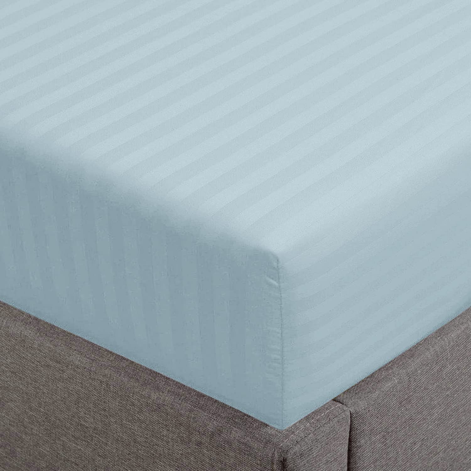 Feather & Stitch 100% Cotton 1 Piece Damask Stripe California King Fitted Sheet 500 Thread Count Aqua 18 Inch Extra Deep Pocket Luxury Sateen Weave Stretchable Boxer Elastic Fits Mattress Perfectly