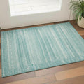 3 X 5 Aqua And Ivory Striped Washable Area Rug With UV Protection