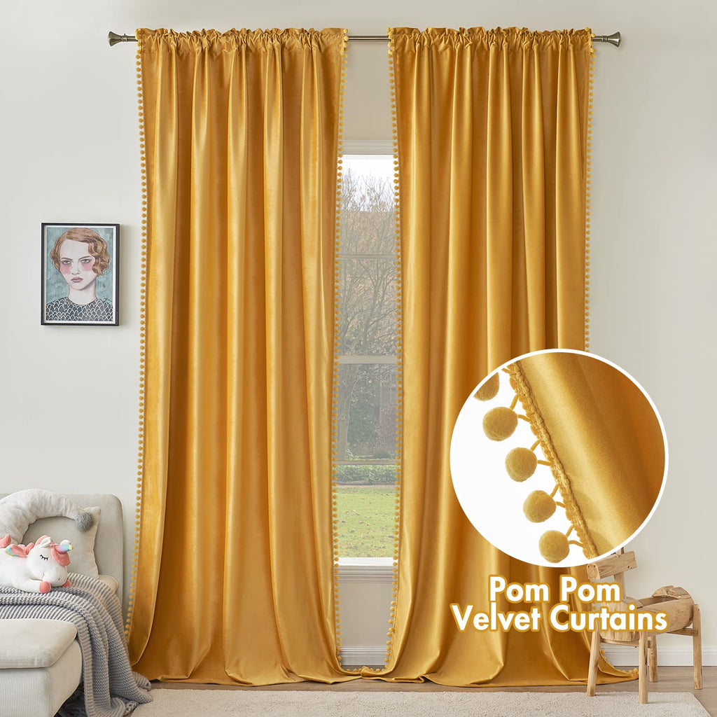 Miulee Mustard Yellow Pom Pom Velvet Curtains For Fall Bedroom/Living Room Darkening Thermal Insulating 84 Inches Long Blackout
