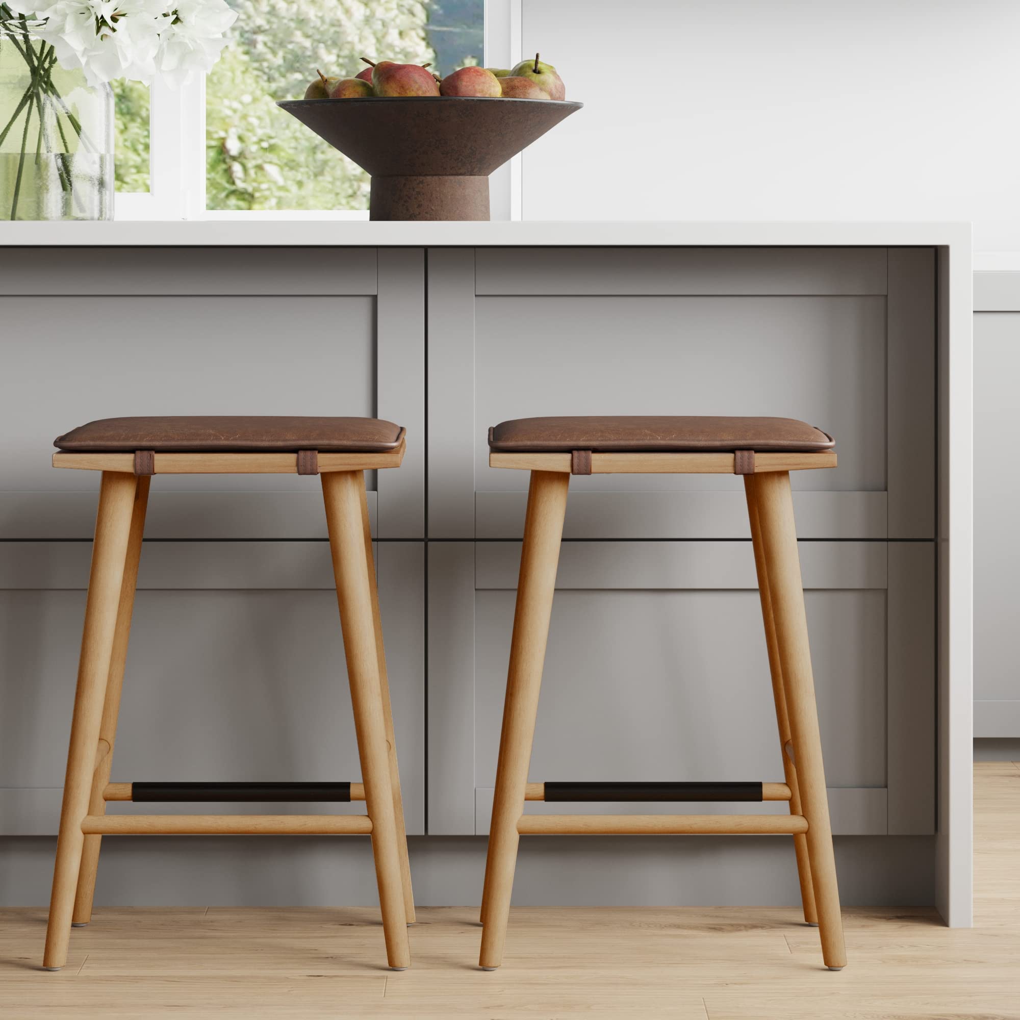 Nathan James Set of 2 Barker Classic Counter Height Wood Barstool with Leather Removable Cushion, Backless Island 24 Bar Stool f