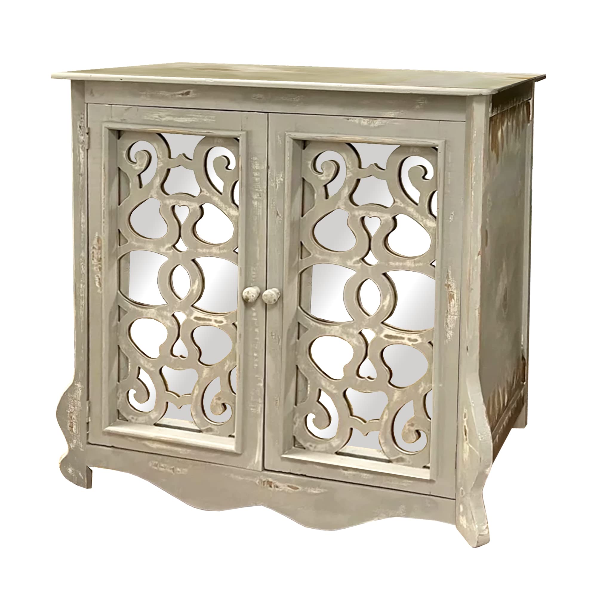 The Urban Port Storage Console with 2 Doors and Scrolled Mirror Trim, Antique White and Silver