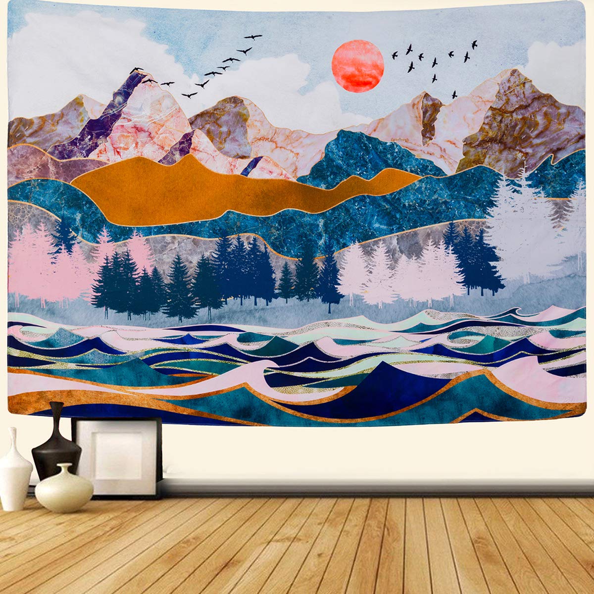 Senyyi Mountain And Sunset Tapestry Wall Hanging Forest Trees Tapestry Wave Art Tapestry Nature Landscape Home Decor For Room (7