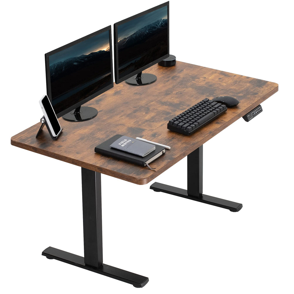 Vivo Electric Height Adjustable 43 X 24 Inch Memory Stand Up Desk, Rustic Vintage Brown Solid One-Piece Table Top, Black Frame, Standing Workstation With Preset Controller, 1B Series, Desk-Kit-1B4N