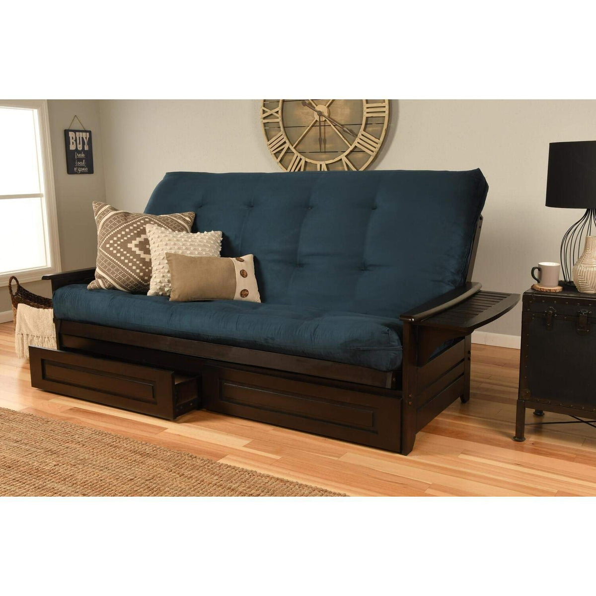Kodiak Furniture Phoenix Queen Futon with Suede Fabric Mattress in Espresso/Blue