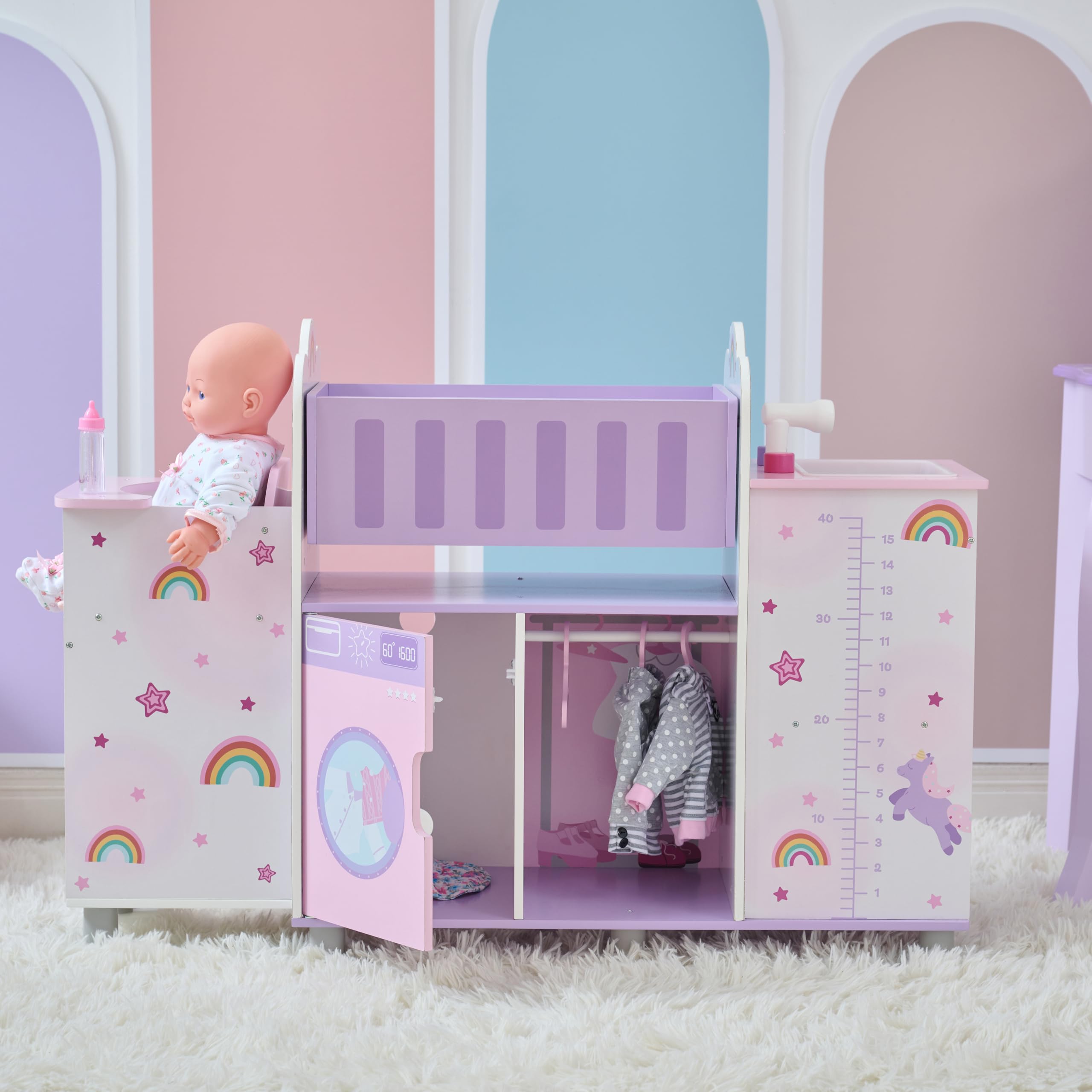 Olivias Little World Fantasy Care Doll Nursery 6-in-1 Unicorn Themed Baby Station with Cradle, Washer, High Chair, Sink & Closet