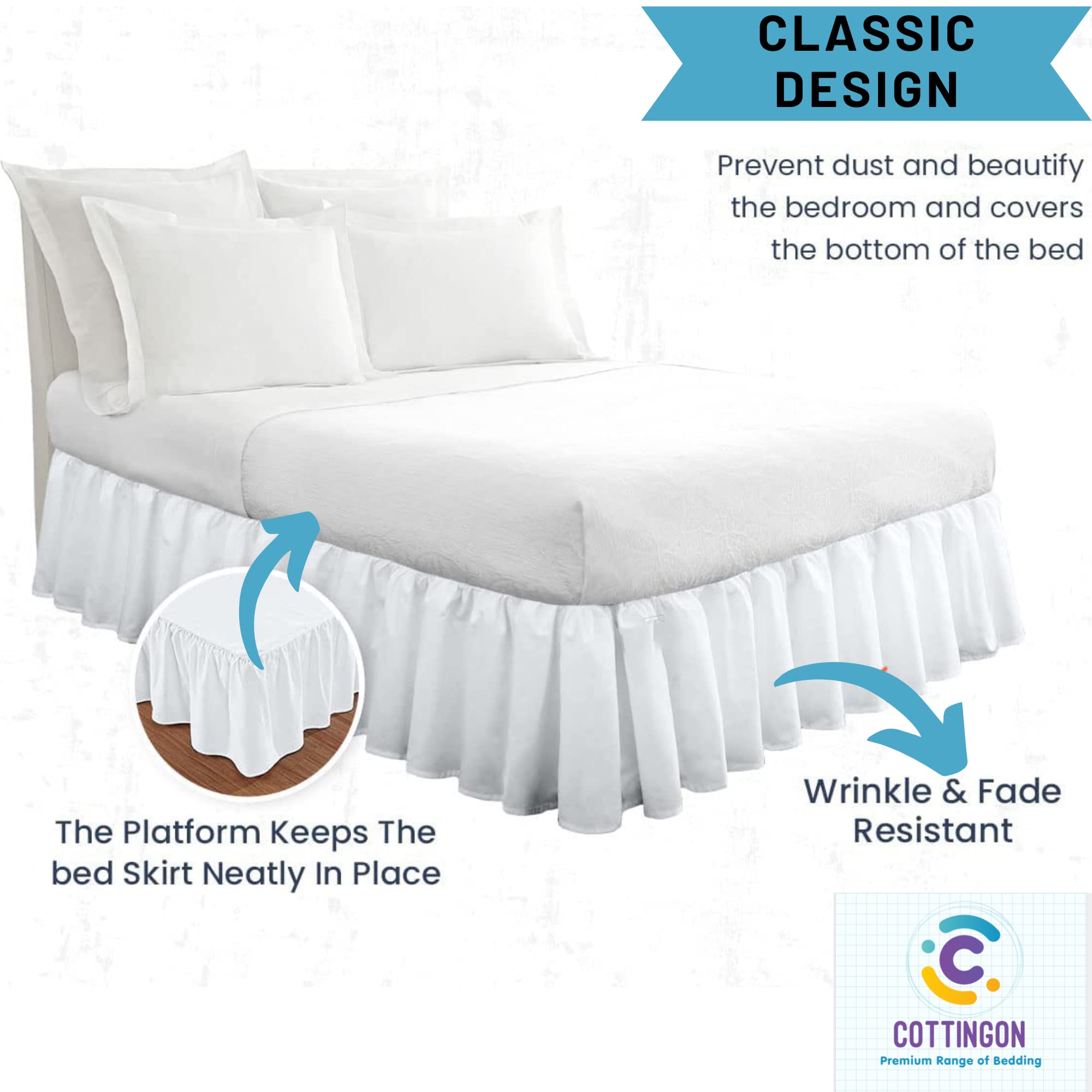 Ruffled Bed Skirt With Split Corners-Dust Ruffle - 18'' Drop 100% Microfiber Soft,Sheen & Luxurious Look - Bed Skirts (White -Ki