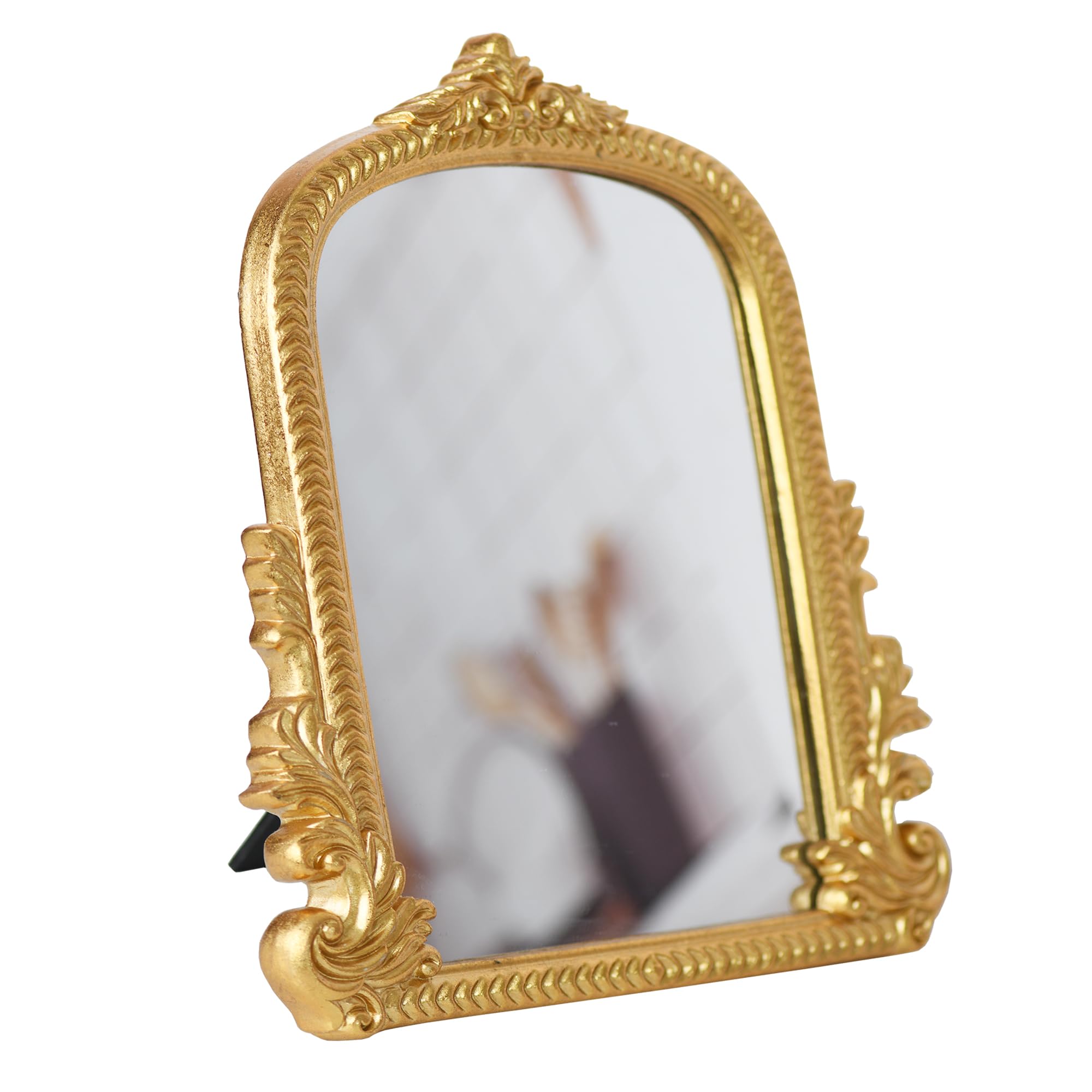 LuHeToz Vintage Gold Arched Mirror for Vanity with Resin Frame -Small Size (9.8 * 12 inch) Standing Mirror for Living Room, Bedr