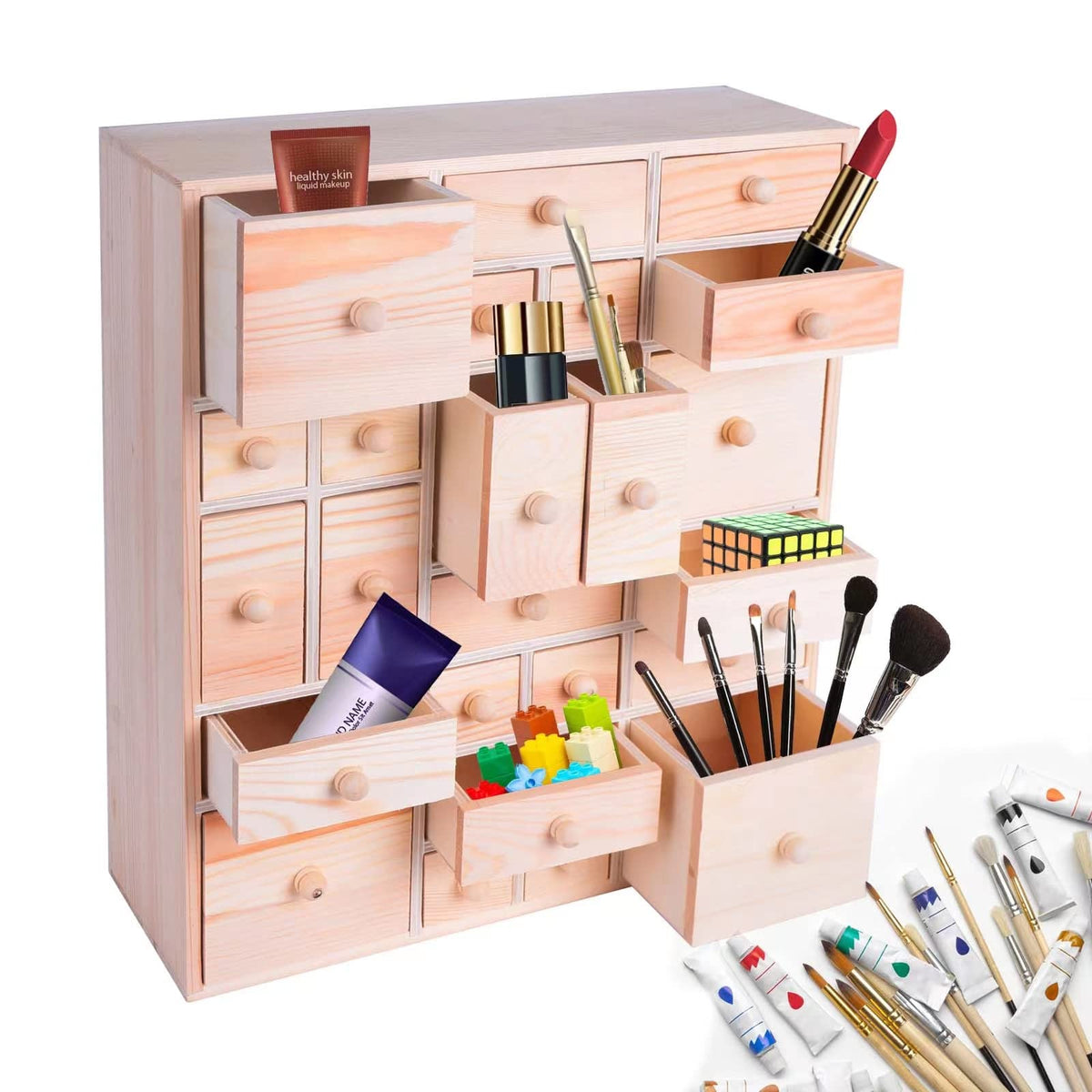 Gkesgm Wooden Countdown Advent Calendar with 24 Drawers, 14in x 12in x 4.3in, White, Unfinished Craft Storage Organizer, Model ZAO-001