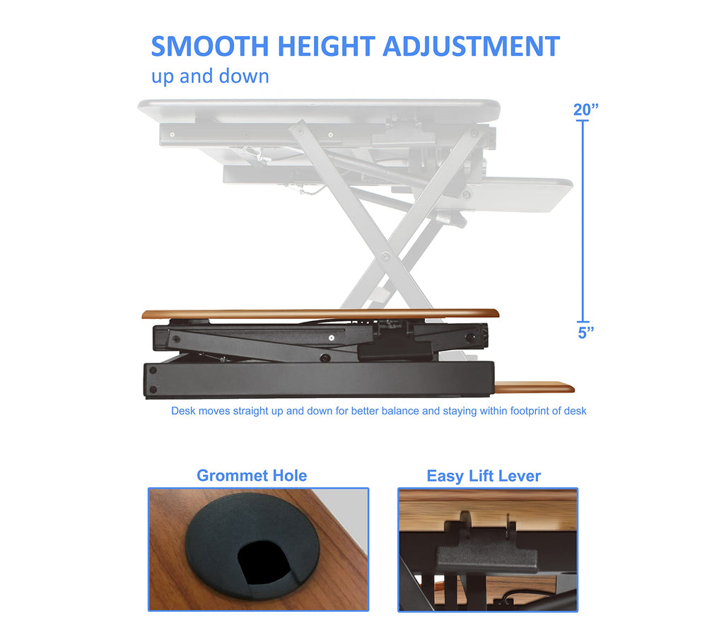 Rocelco 46" Large Height Adjustable Desk Converter, Sit Stand Up Triple Monitor Computer Workstation Riser, Retractable Keyboard Tray, Teak/Black