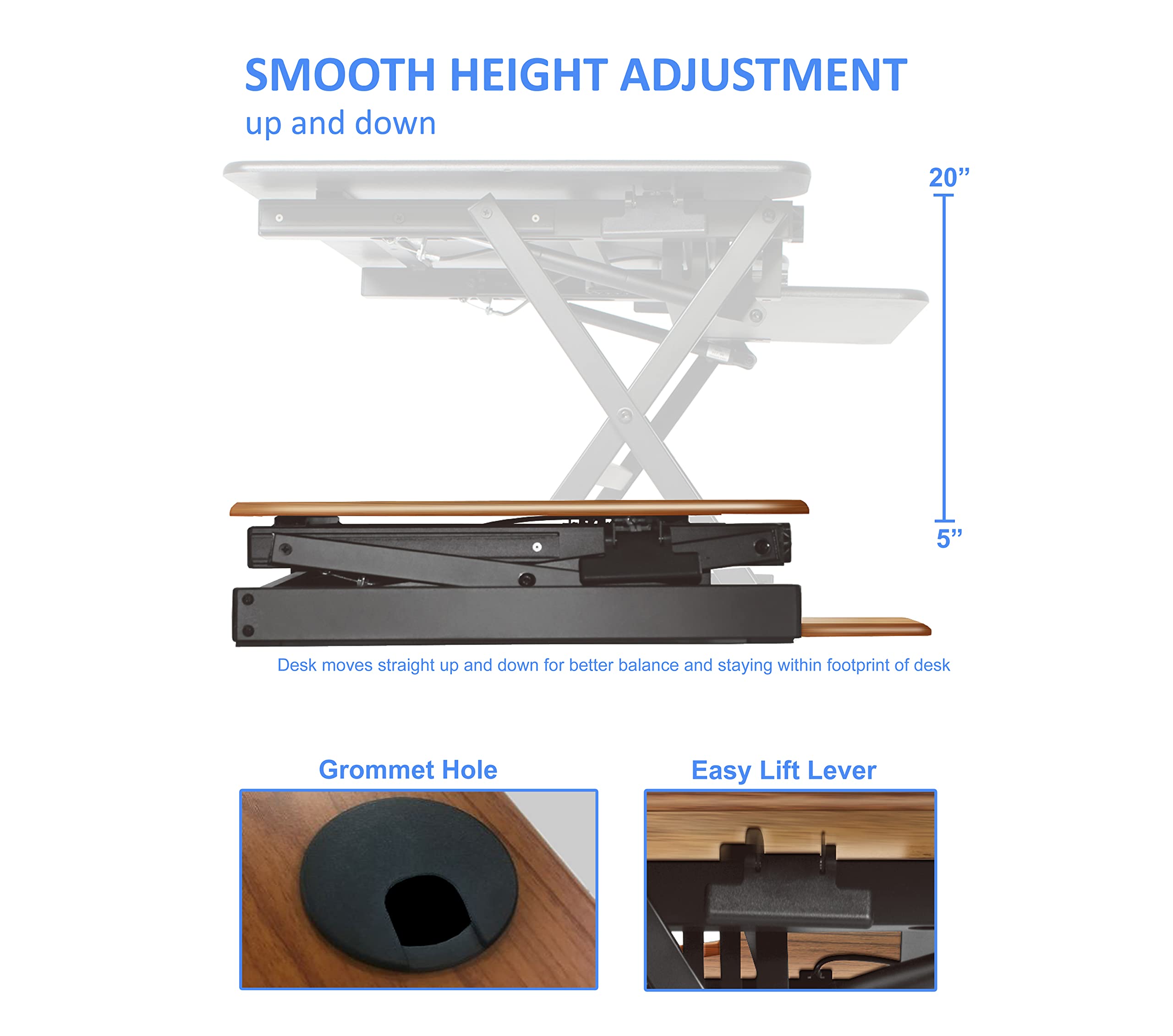Rocelco 46" Large Height Adjustable Desk Converter, Sit Stand Up Triple Monitor Computer Workstation Riser, Retractable Keyboard Tray, Teak/Black