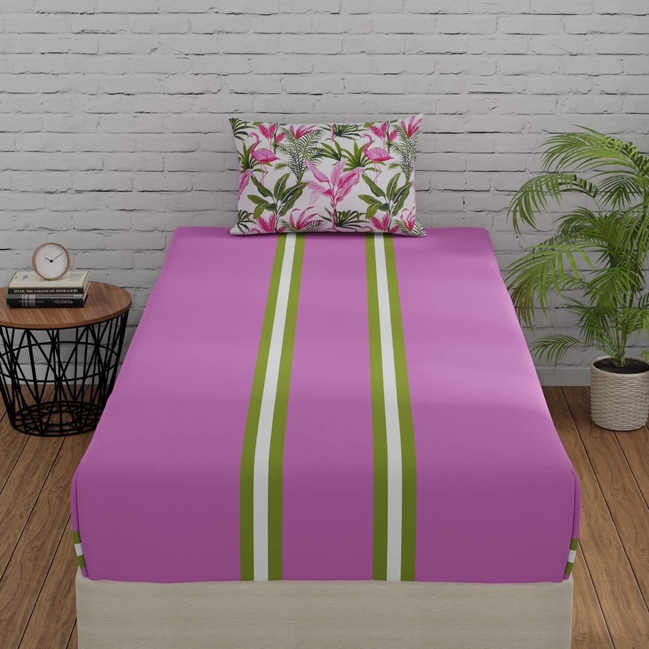 Huesland By Ahmedabad Cotton 144 Tc Cotton Bedspread For Single Bed With 1 Pillow Cover | Stripes & Flamingos Pink & Green