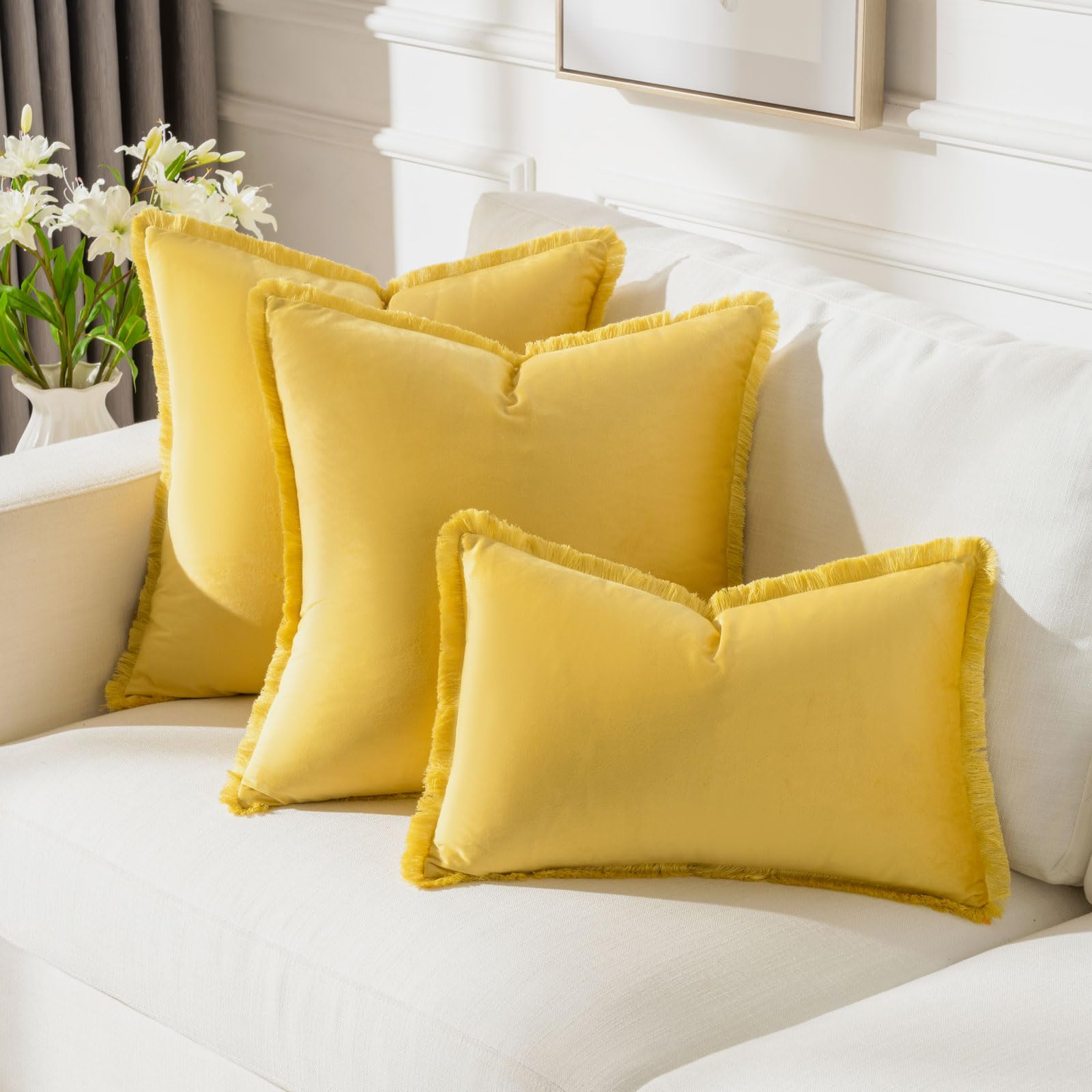 Futei Lemon Yellow Boho Throw Pillow Covers With Tassels 20X20 Inch Set Of 2,Soft Velvet Decorative Cushion Case,Home Decor For