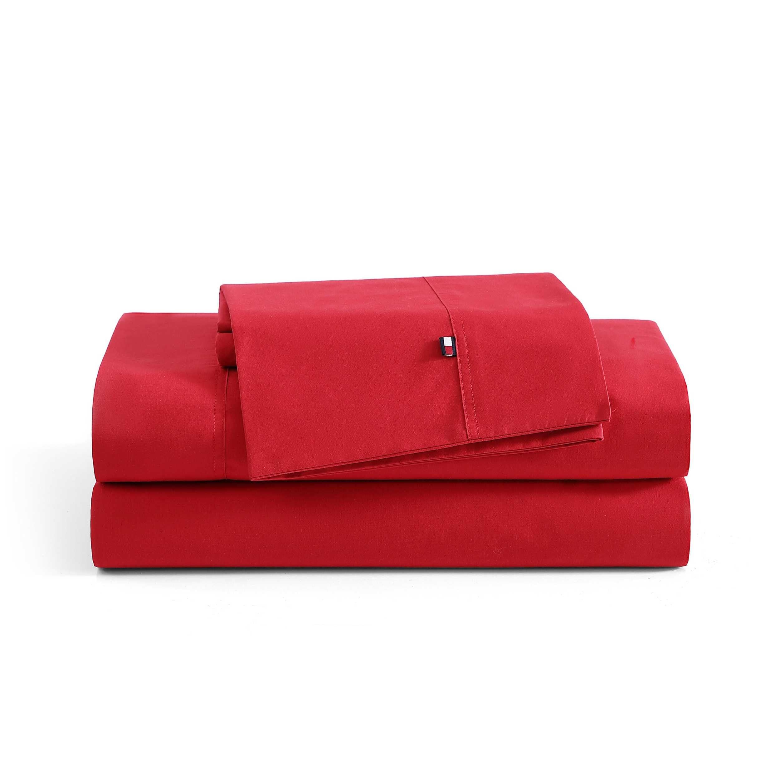 Tommy Hilfiger - Sheet Set, Cotton Percale Bedding with Matching Pillowcases, Crisp & Cool, Solid Home Essentials (Red, King)