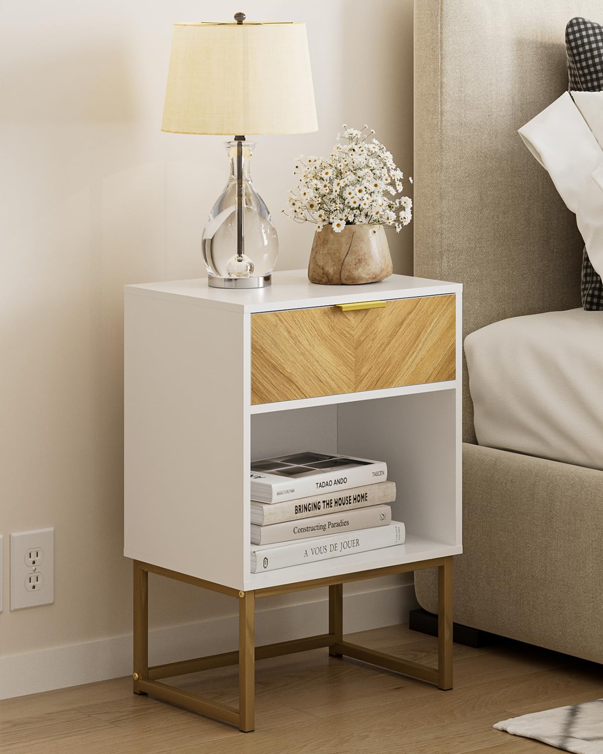 Masupu Large Nightstand,Boho Night Stand Modern Farmhouse Wood Bedside Table with Storage Drawer and Open Shelf,Side End Table f