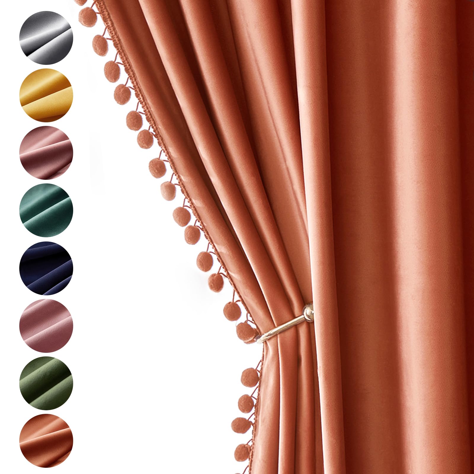 Miulee Fall Burnt Orange Pom Pom Velvet Curtains For Bedroom/Living Room Darkening Thermal Insulating 84 Inches Long Blackout Cu