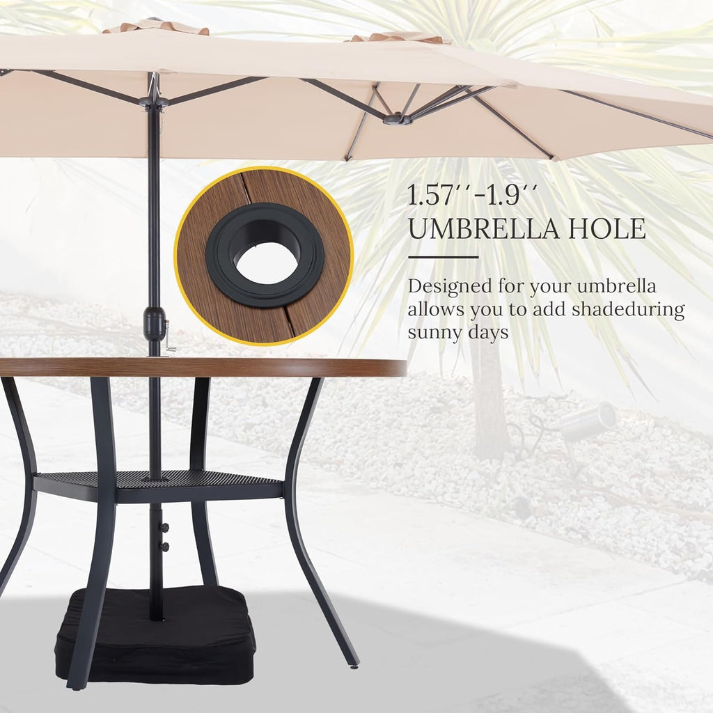 Vicllax 48' Outdoor Round Patio Table For Lawn Garden, All Weather Metal Black Round Outdoor Dining Table With Adjustable Umbrella Hole, 6 Person Patio Table, Walnut Wood-Like Tabletop