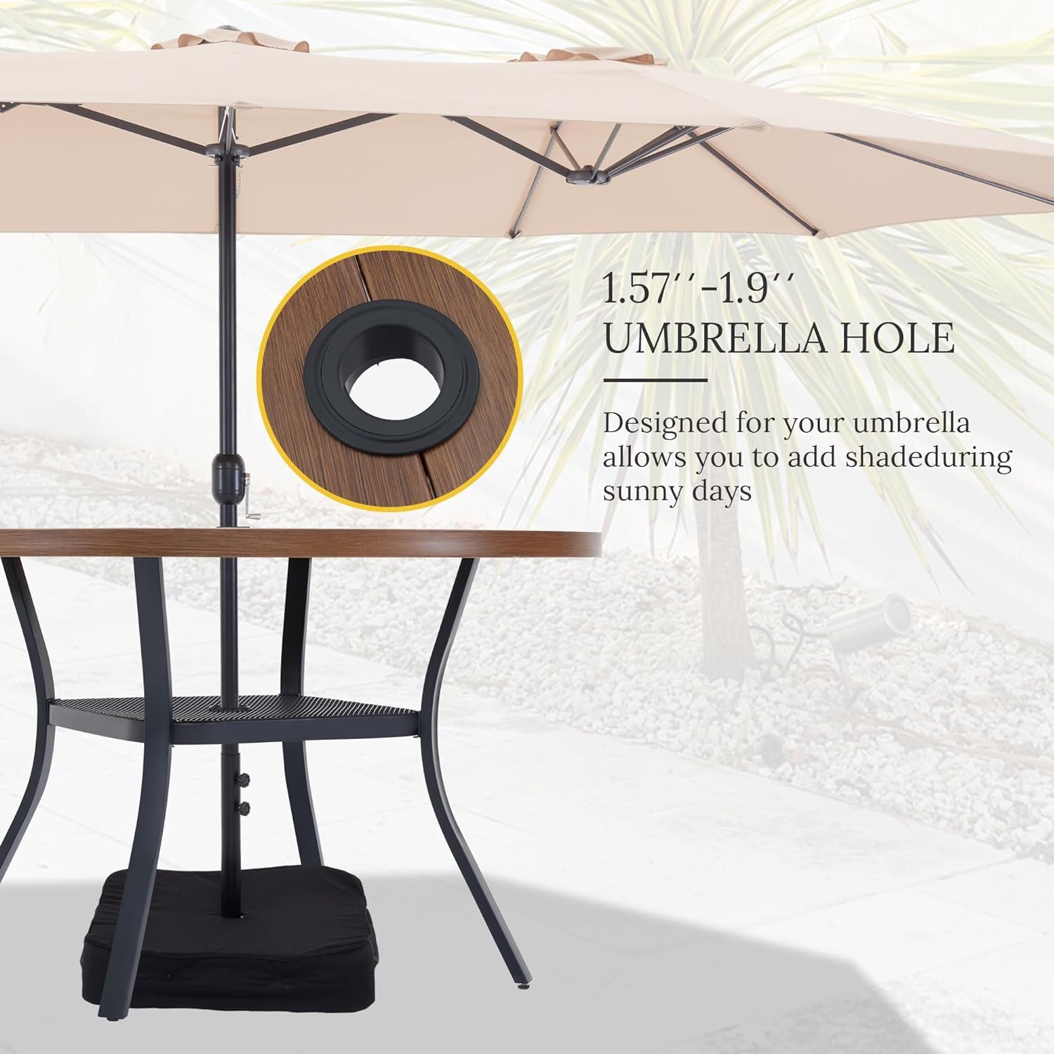 Vicllax 48' Outdoor Round Patio Table For Lawn Garden, All Weather Metal Black Round Outdoor Dining Table With Adjustable Umbrella Hole, 6 Person Patio Table, Walnut Wood-Like Tabletop