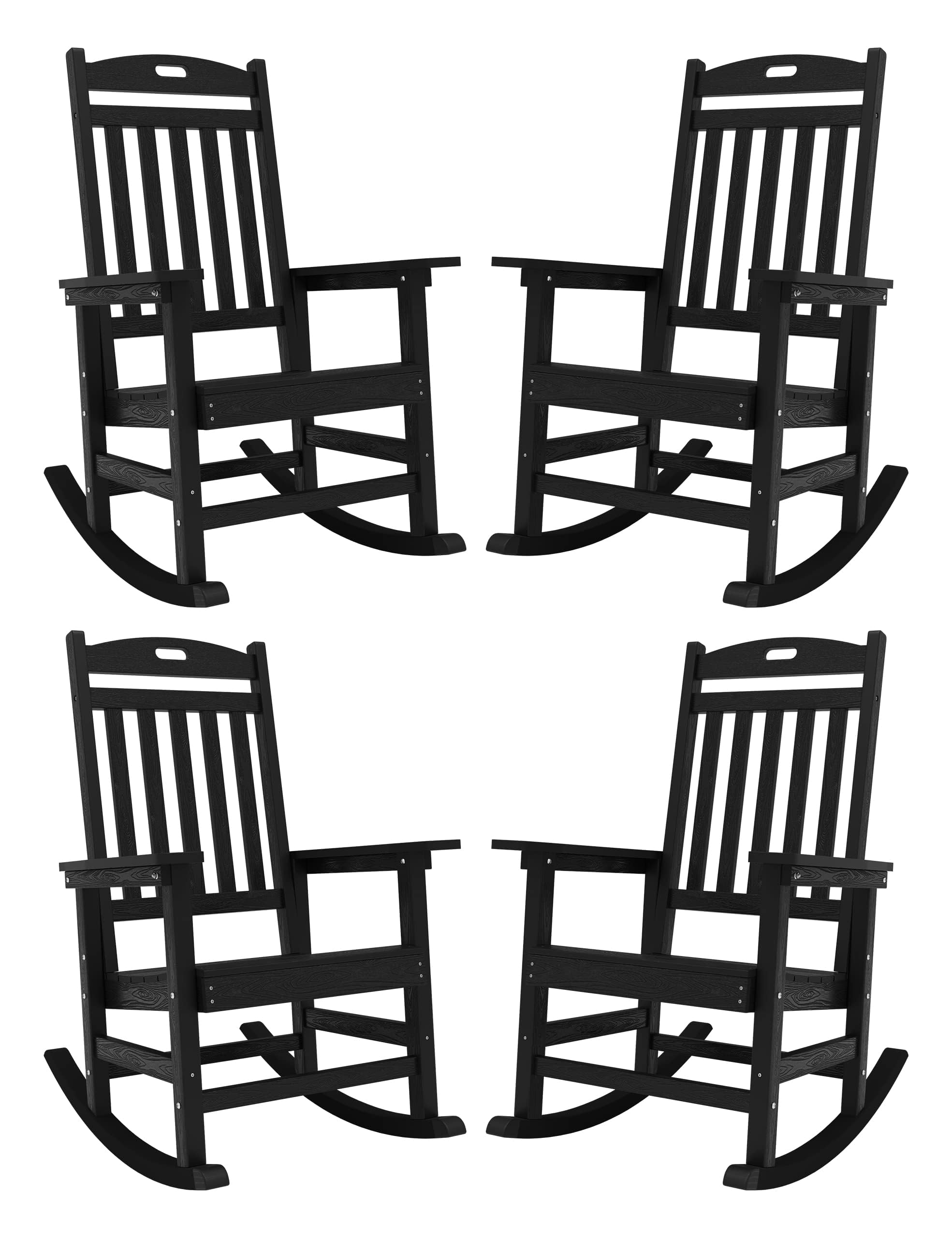 Yefu Outdoor Rocking Chair, Poly Lumber Rocking Chairs For Porch Set Of 4 With High Back, Poly Rocking Chair Look Like Real Wood, Widely Used For Patio, Lawn, Indoor, 380Lb Heavy Duty(Black)