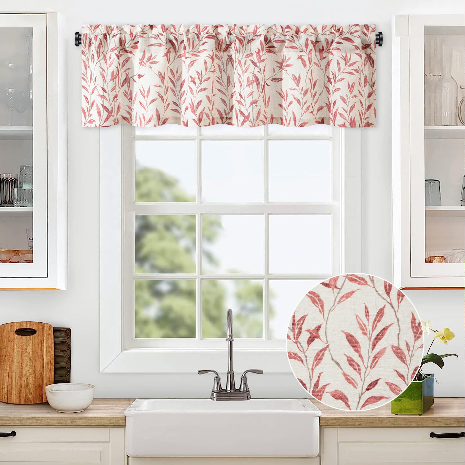 Vogol Kitchen Curtains Valances For Windows, Willow Leaf Printed Light Filtering Valance For Living Dining Room, Red Rod Pocket