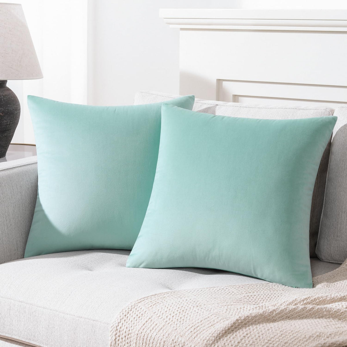 Mixhug Set Of 2 Cozy Velvet Square Decorative Throw Pillow Covers For Couch And Bed, Turquoise, 18 X 18 Inches