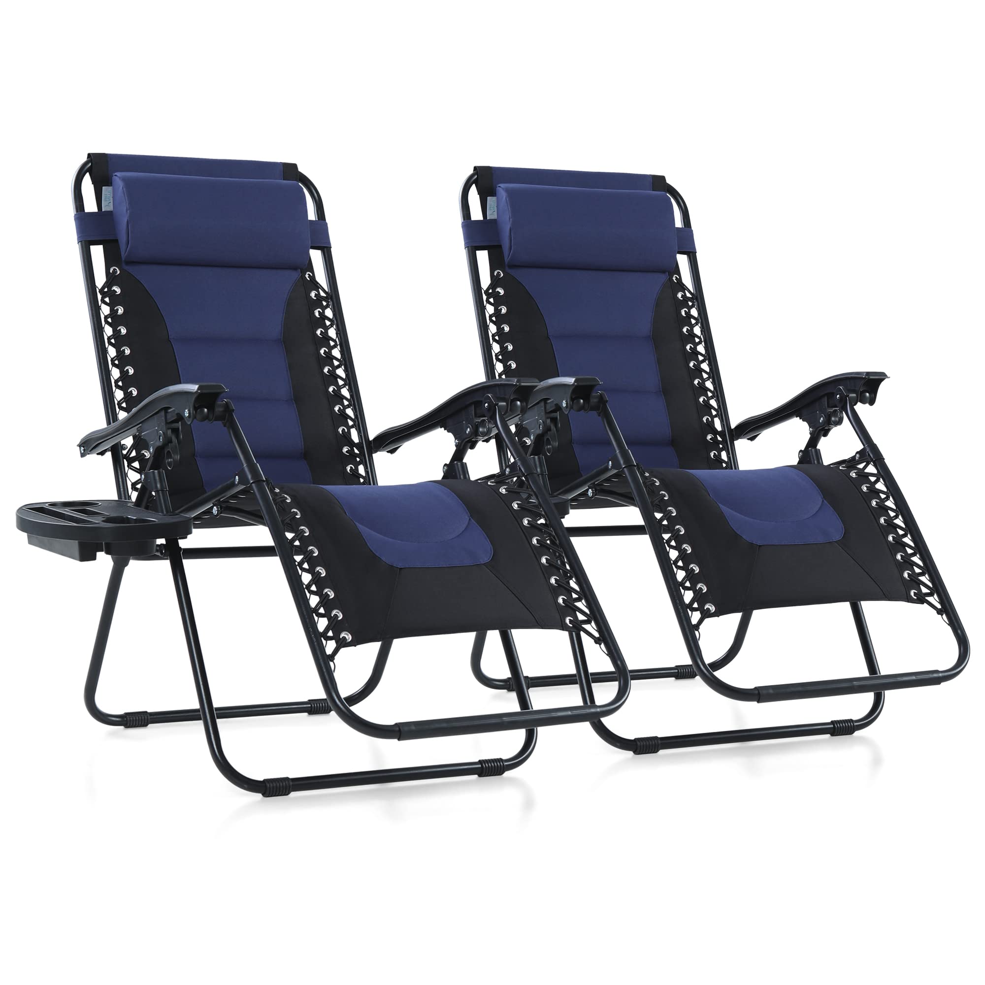 Phi Villa Set Of 2 Padded Zero Gravity Lounge Chair Oversized Folding Patio Recliner With Adjustable Headrest & Cup Holder, Support 350 Lbs(Blue)