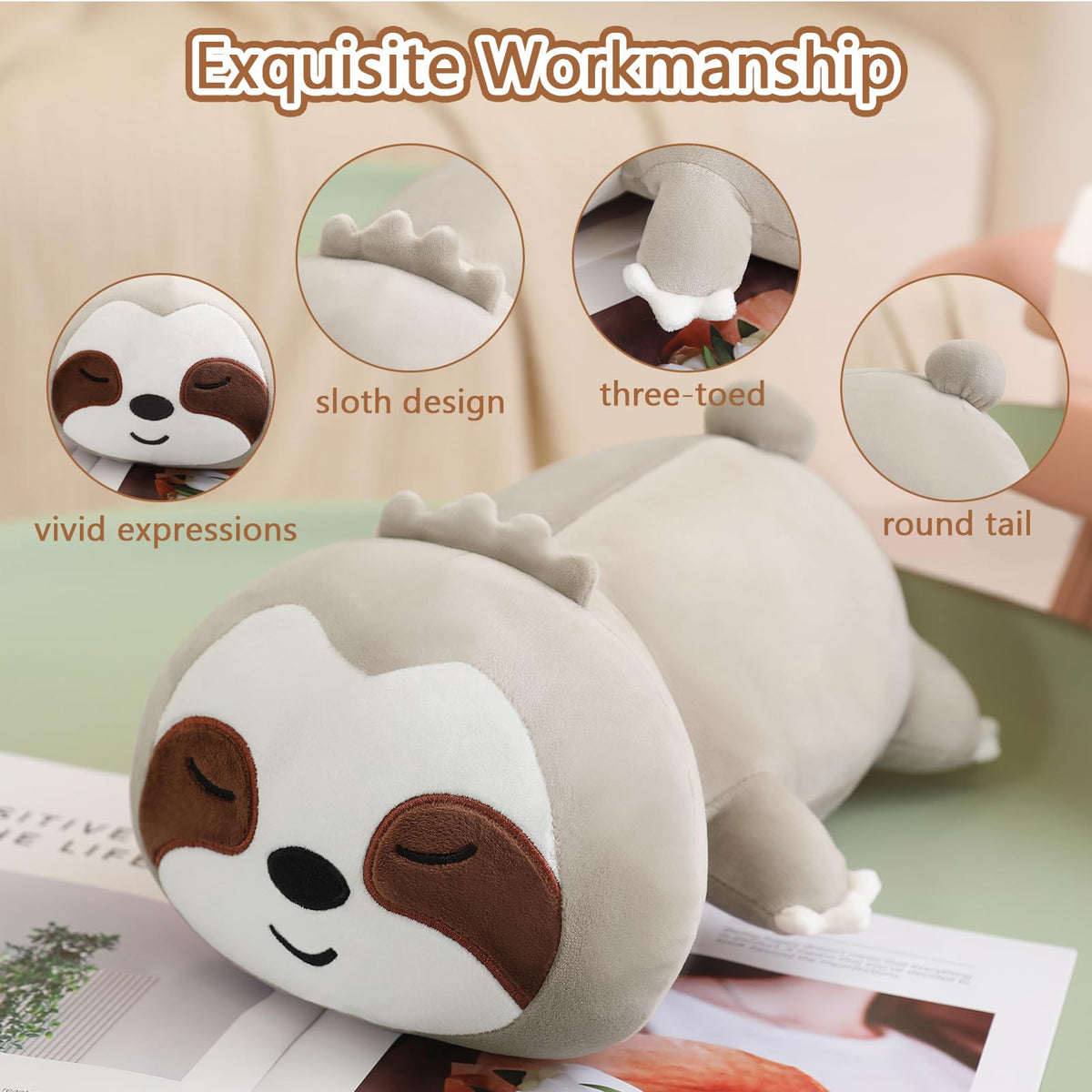 Sqeqe Weighted Sloth Plush, Weighted Sloth Stuffed Animal For Anxiety, Cute Sloth Plushies Sloth Pillow Toy Gift For Kids Adults