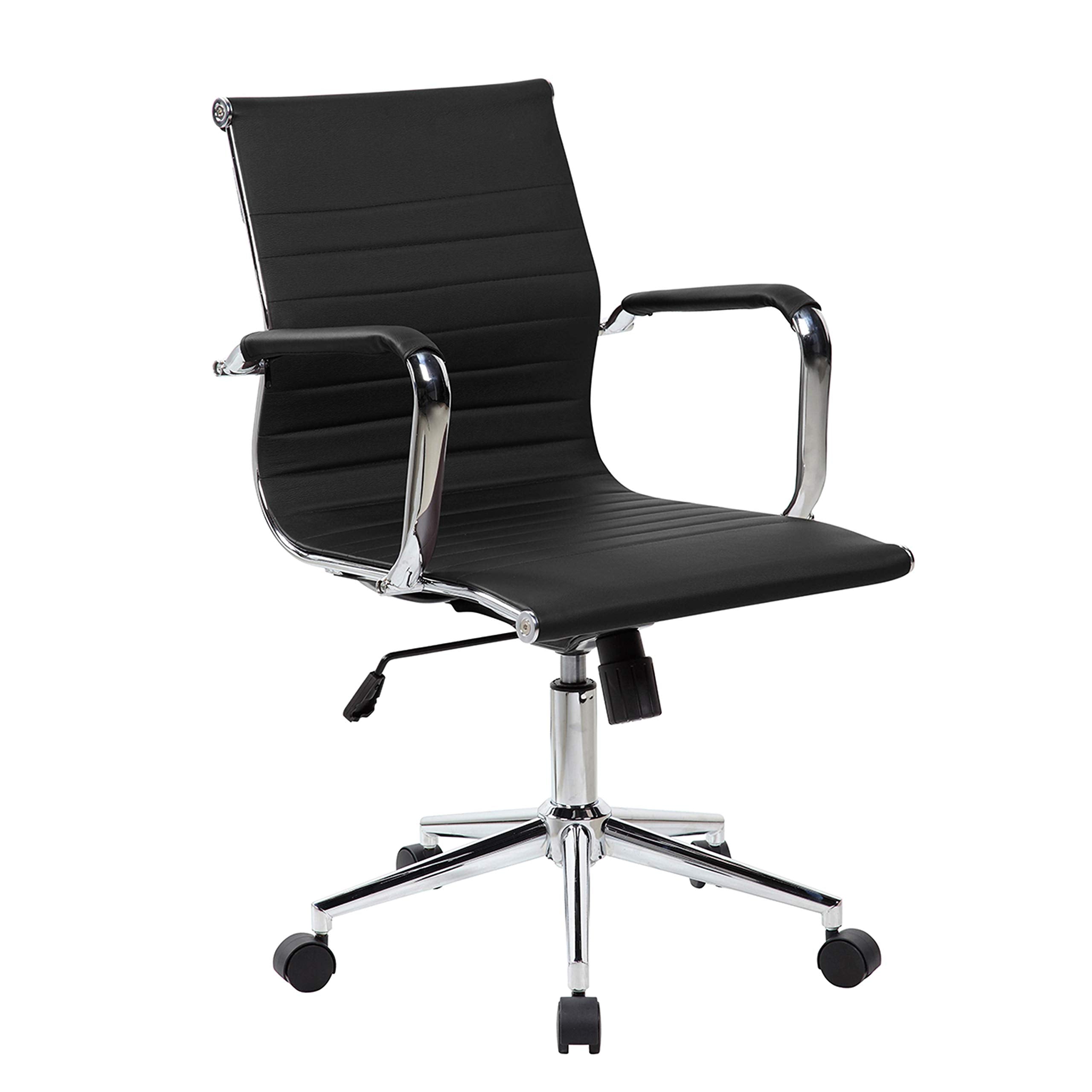 PU Leather Office Chair with Padded Armrests, Mid-Back Desk Chair with Chrome Base, Black