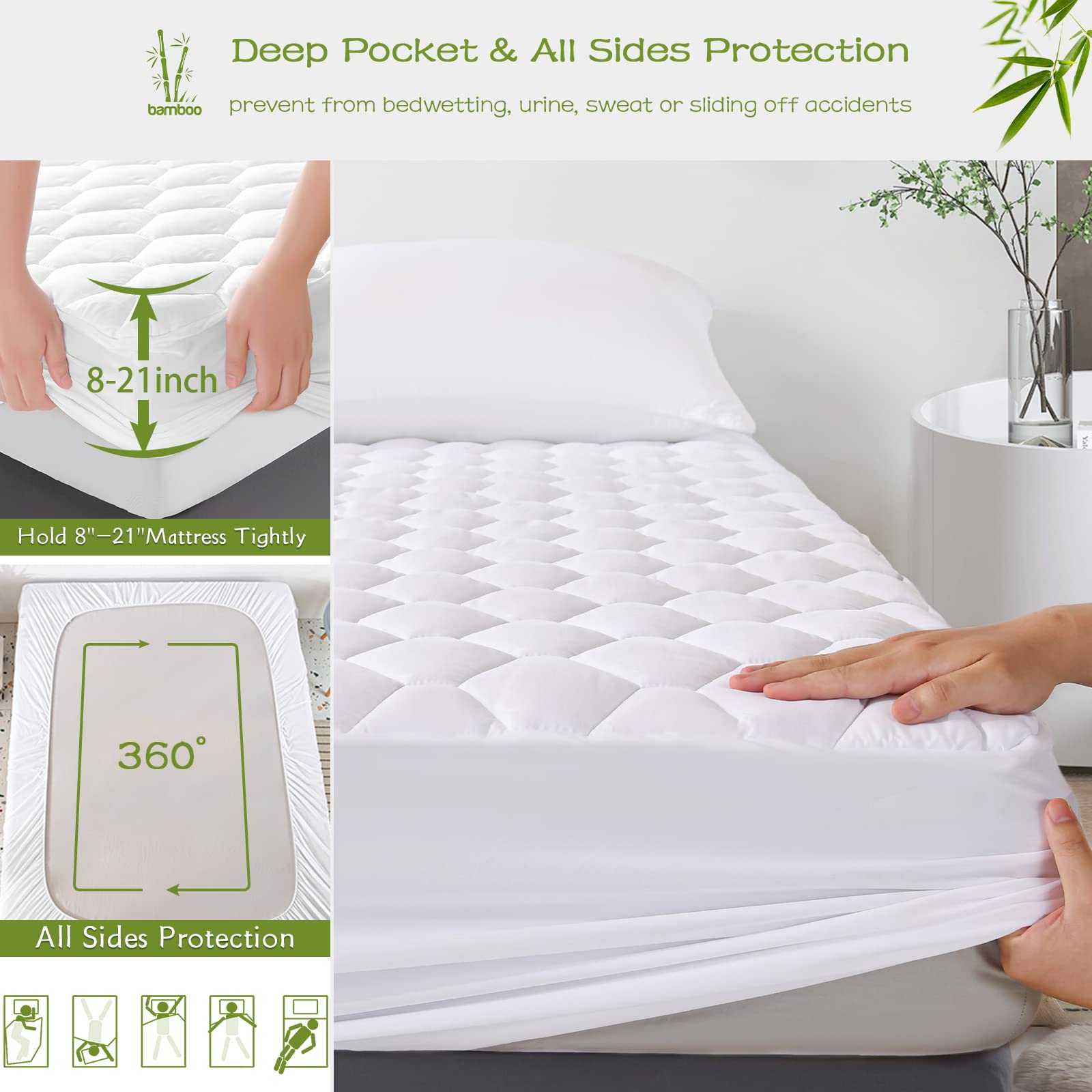 Grt California King Mattress Protector Waterproof, Rayon From Bamboo, Cooling Quilted Fitted Mattress Pad, Noiseless Waterproof