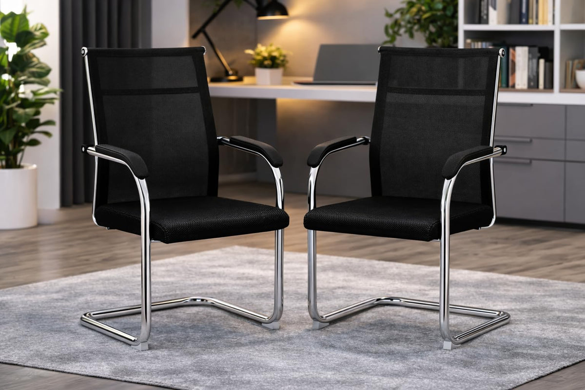 Mlu Black Mesh Visitor Chairs Set Of 2  Ergonomic Guest Office Chair With Breathable Mesh Back, Soft Cushion Seat, Chrome Canti