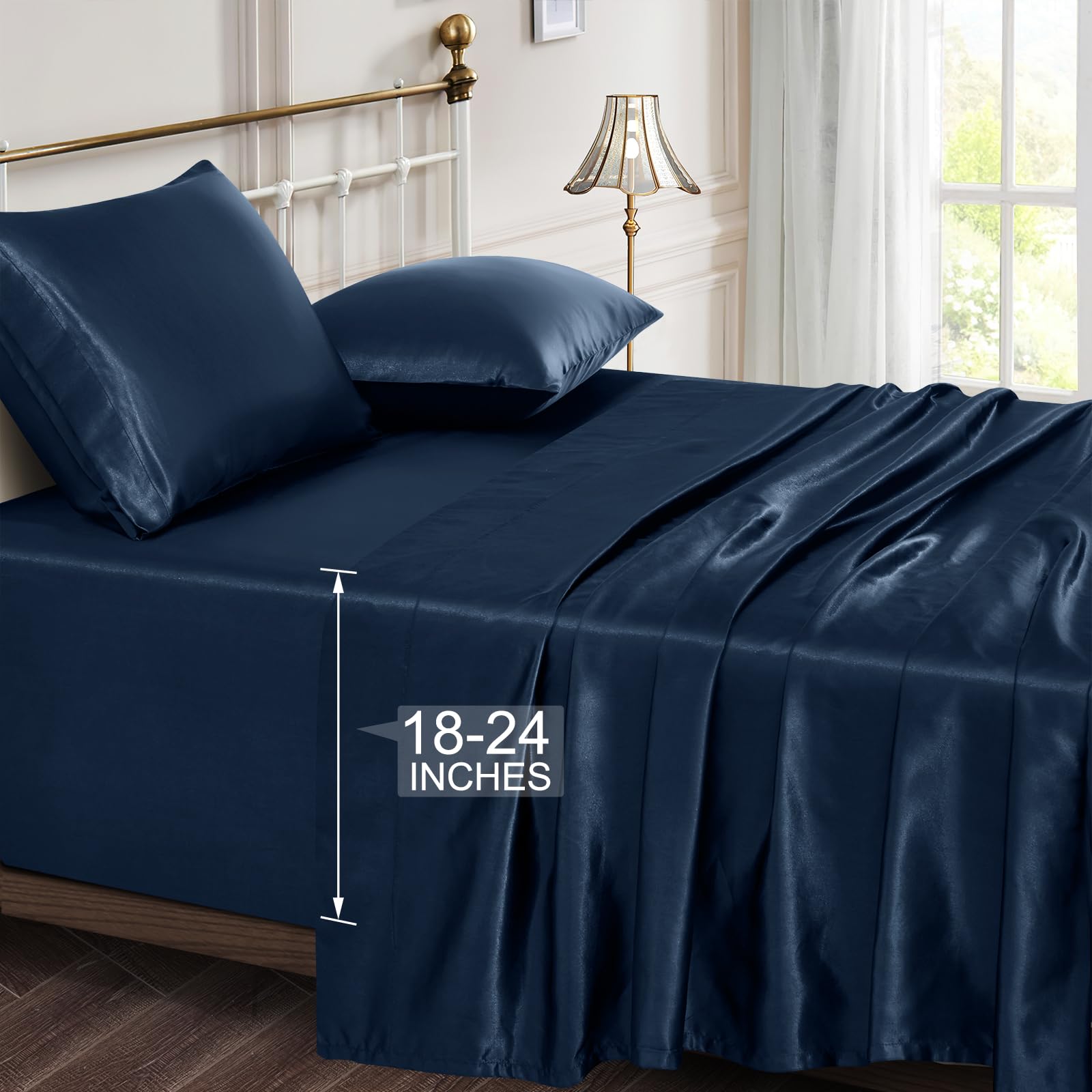 Vonty Satin Sheets Extra Deep Pocket Queen Sheet Sets - Cooling & Silky Satin Queen Size Sheets with 18-24 Inch Deep Pocket, Nav