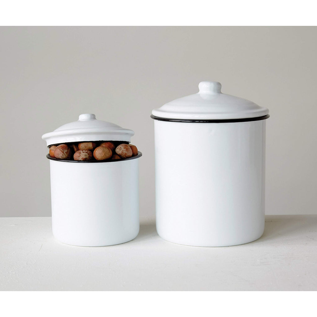 Creative Co-Op Set Of 2 White Enameled Canisters With Lids