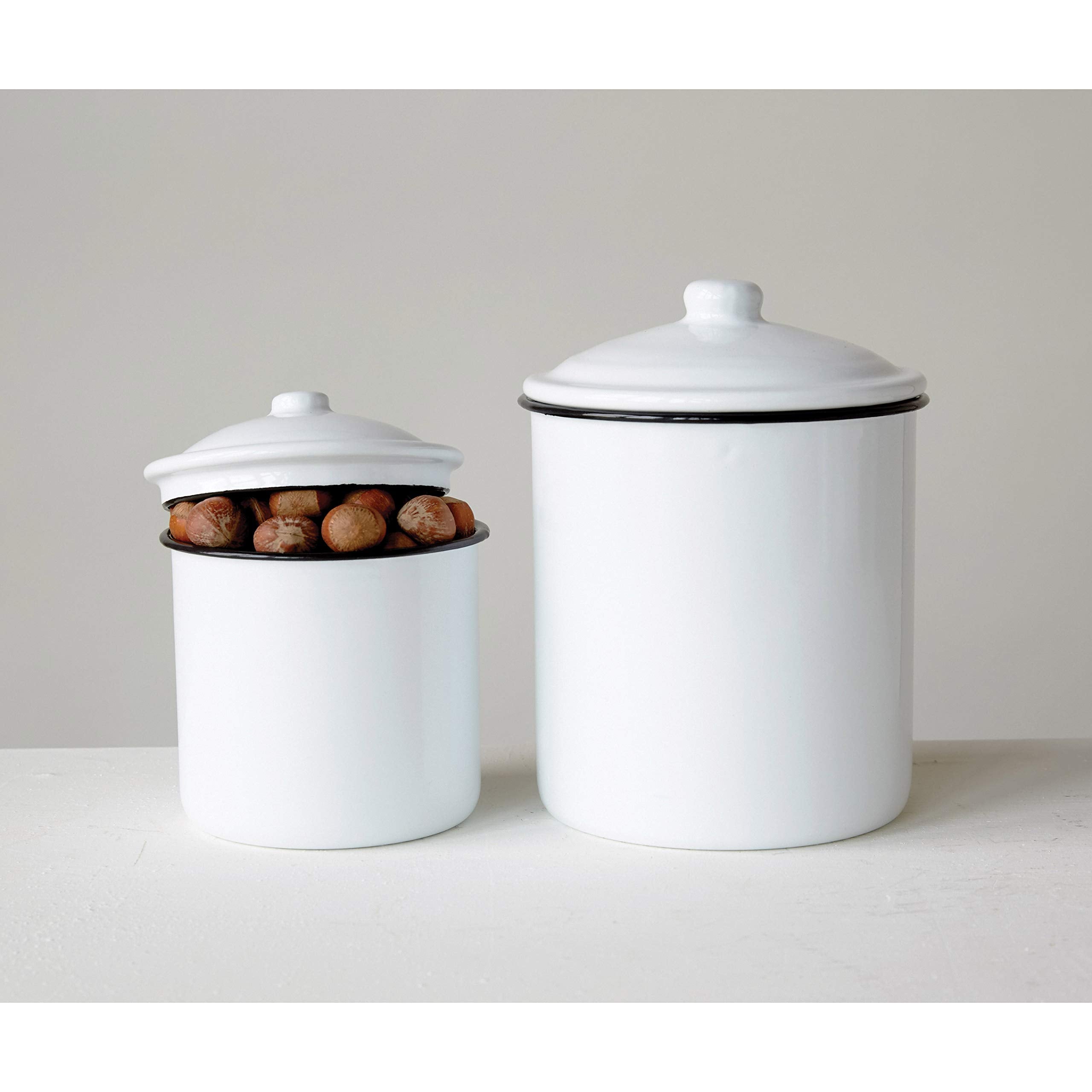 Creative Co-Op Set Of 2 White Enameled Canisters With Lids