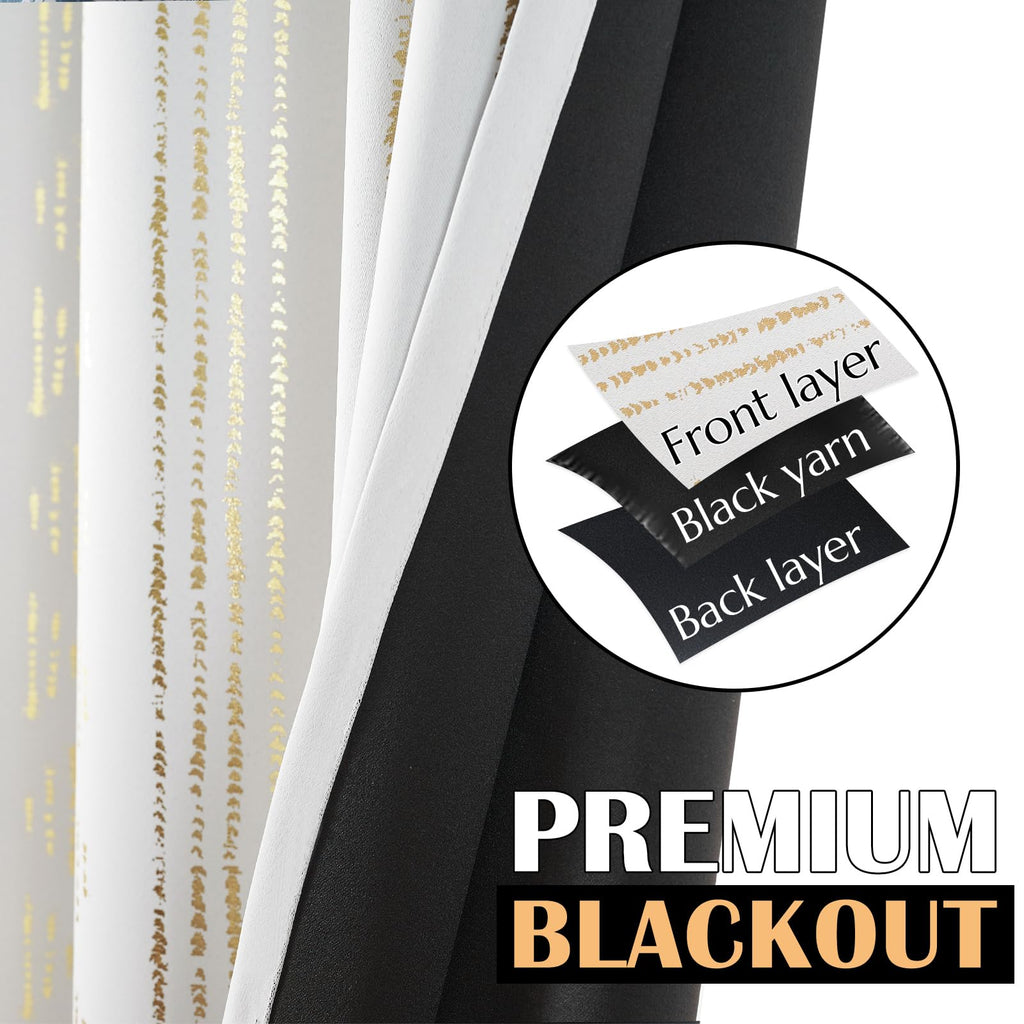 Jinchan 100% Blackout Boho Curtains 72 Inches Long For Bedroom Living Room Golden Geometric Foil Printed Grommet Top Room Darkening Thermal Insulated Window Drapes Off White 52X72 2 Panels
