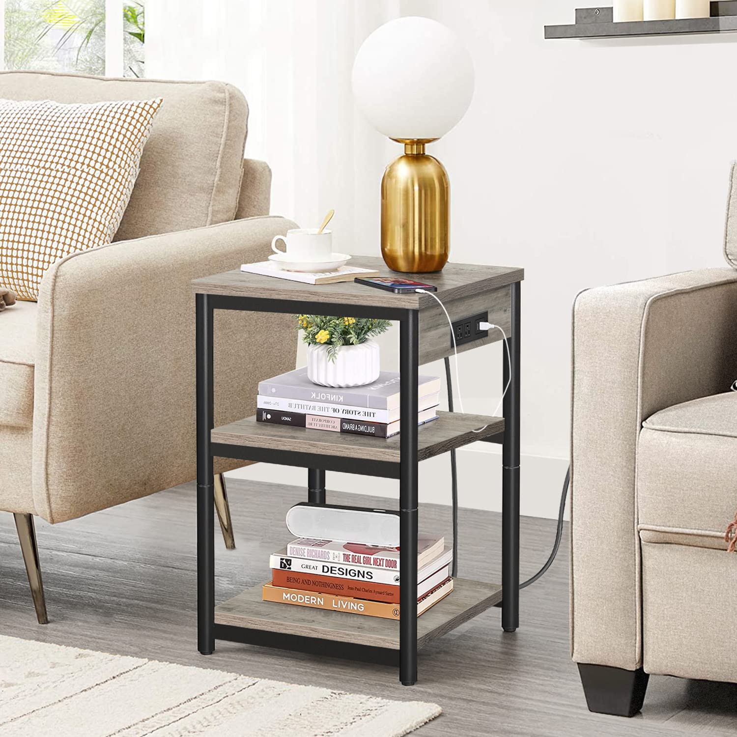 TUTOTAK End Table with Charging Station, Nightstand, 3-Tier Couch Side Table with USB Ports and Outlets, Bedside Table for Small