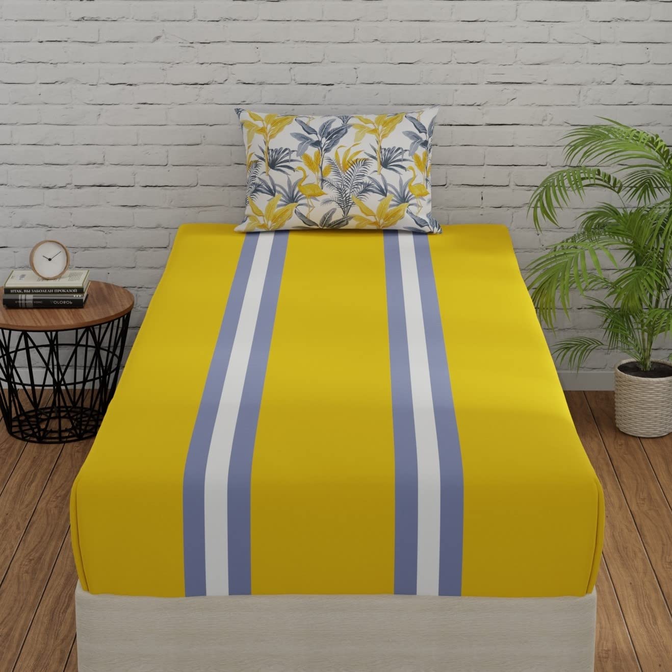Huesland By Ahmedabad Cotton 144 Tc Bedsheets Cotton Single Bed With Pillow Cover | Stripes & Flamingos Yellow & Grey