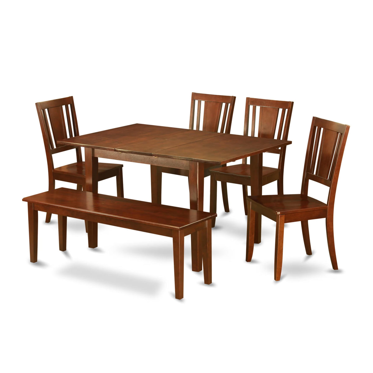 East West Furniture PSDU6D-MAH-W 6 Piece Dining Room Table Set Contains a Rectangle Kitchen Table with Butterfly Leaf and 4 Dining Chairs with a Bench, 32x60 Inch, Mahogany