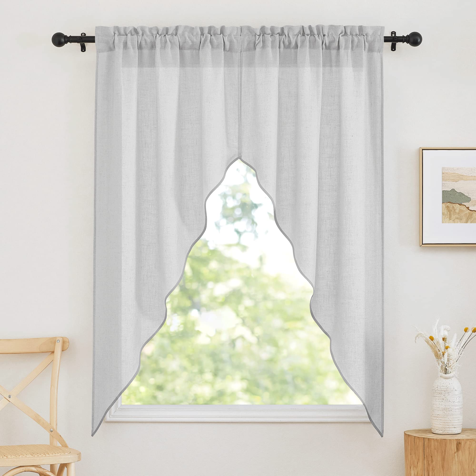 RYB HOME Half Window Swag Curtains, Linen Texture Wave Fabric Semi Sheer Valance for Light Filtering Country Curtains Privacy Ro