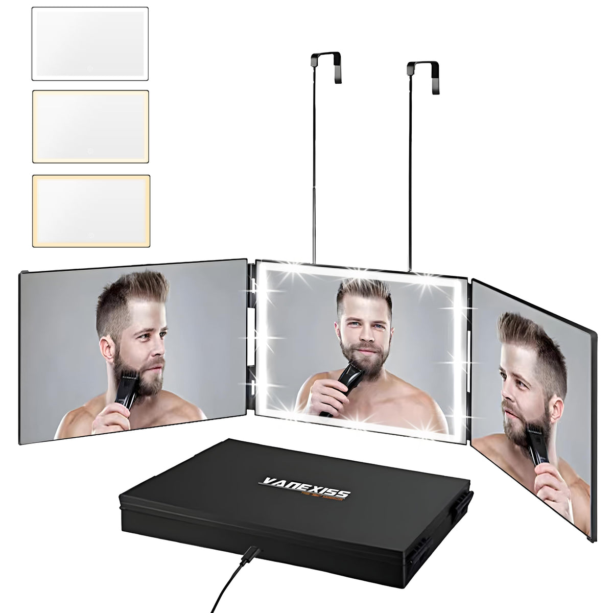 Vanexiss Rechargeable 3 Way Mirror For Hair Cutting, Real Glass Adjustable Trifold Mirror With 3 Color Temps Led Light & Telesco