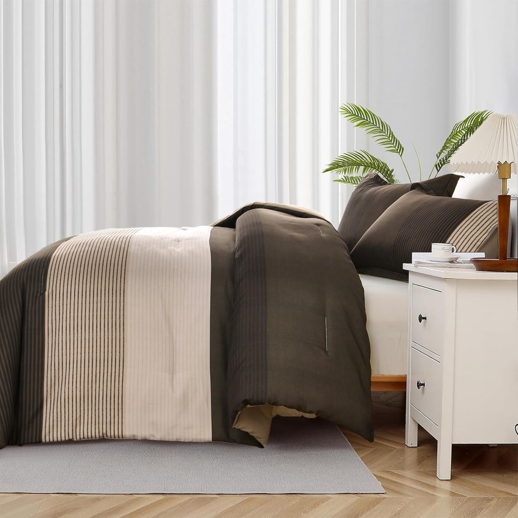 Brown Comforter Set King, Reversible Brown Striped Down Alternative Comforter For King Bed,3 Pieces (1 Comforter+2 Pillowcases),