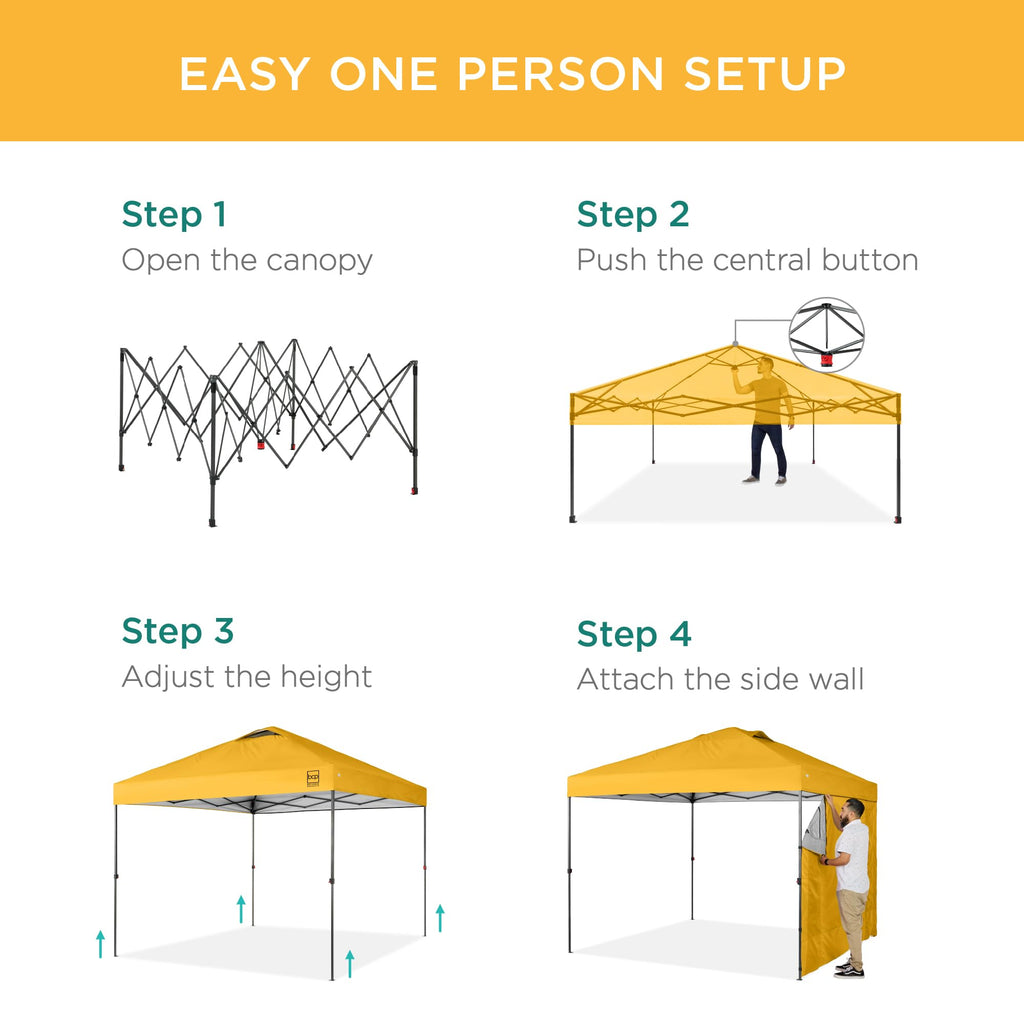 Best Choice Products 10X10Ft Easy Pop Up Canopy W/Side Wall, 10 Pockets, Portable Carrying Case, 1-Button Setup, 4 Weight Bags - Marigold