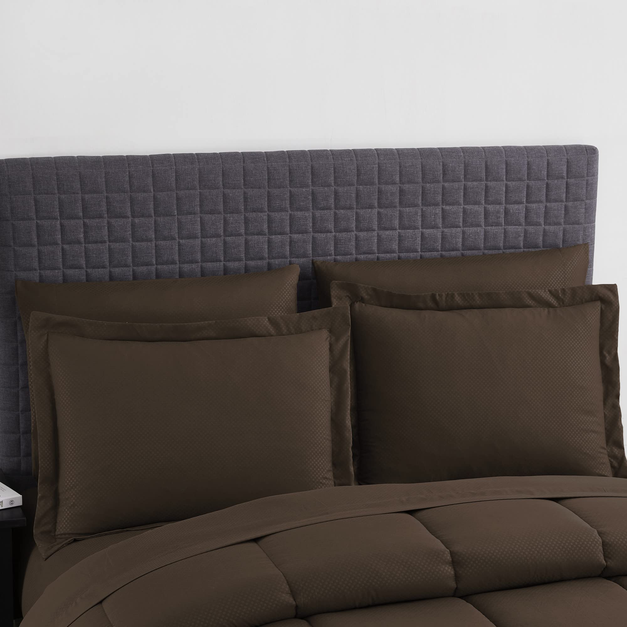 King Size Comforter Set 8 Piece Bed In A Bag With Bed Skirt, Fitted Sheet, Flat Sheet, 2 Pillowcases, 2 Pillow Shams, King, Checkered Chocolate
