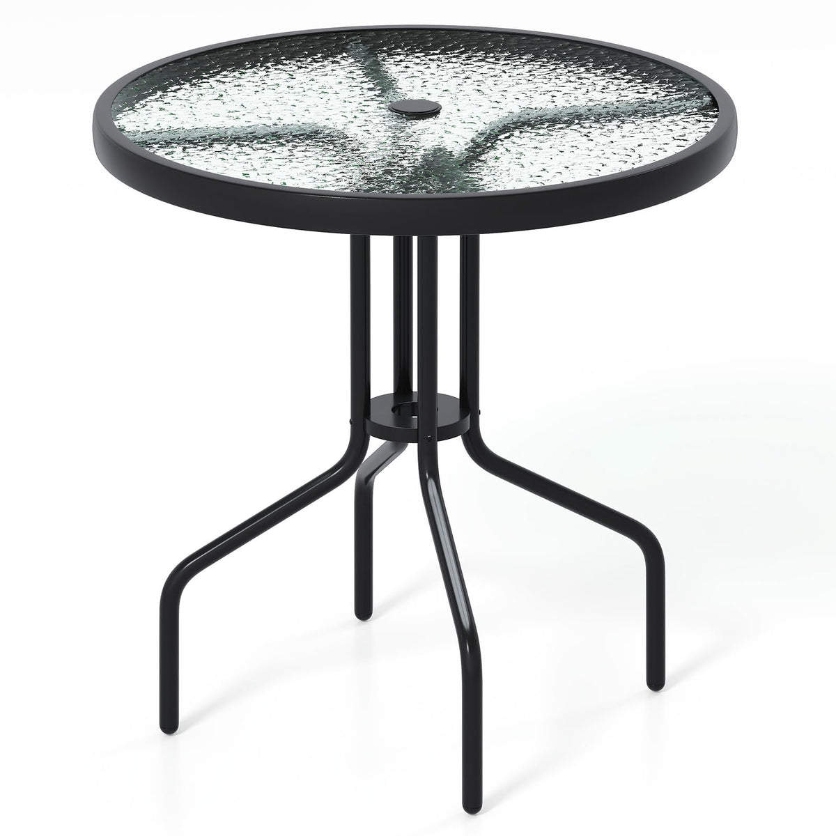 Tangkula 27.5 Inch Round Outdoor Dining Table with Tempered Glass Top, Outside Bistro Table with Umbrella Hole & Metal Frame, Pa