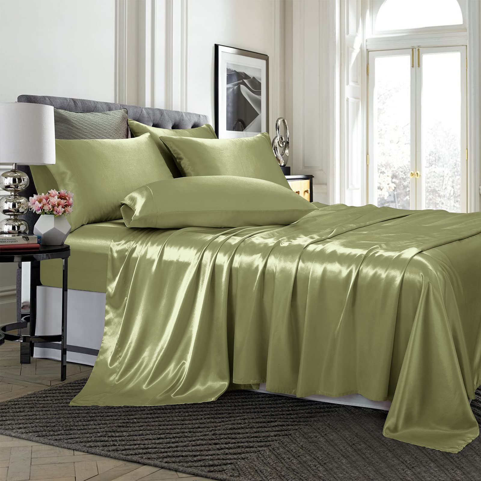 Treely Satin Bed Sheets 6 Piece,Hotel Luxury Silky Full Sheet Sets With Deep Pocket,Fitted Sheet - Olive Green Full Sheets,1 Fla