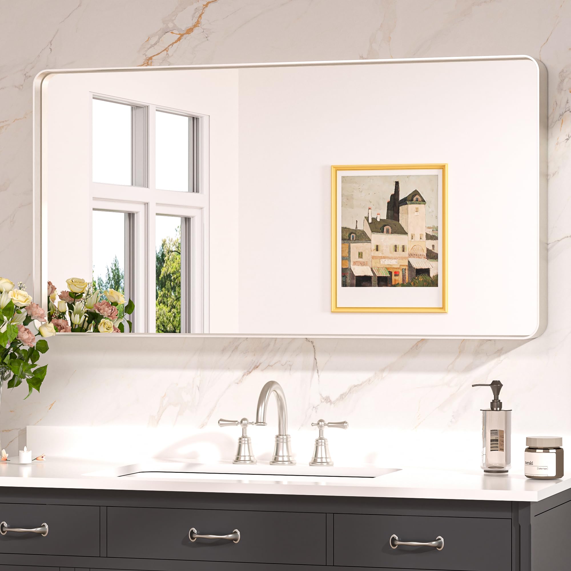 Keonjinn 42 x 20 Inch Brushed Nickel Bathroom Mirrors for Over Sink, Rounded Rectangle Silver Bathroom Vanity Mirror, Metal Fram