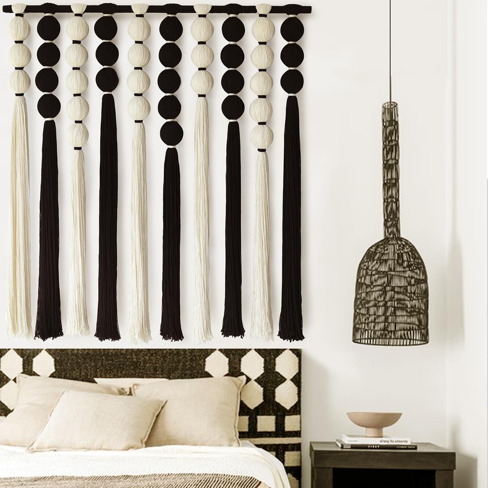 Iower Large Macrame Wall Hanging Macrame Wall Decor Black And White Sphericity Cotton Textile Wall Hanging Boho Wall Decor Art F