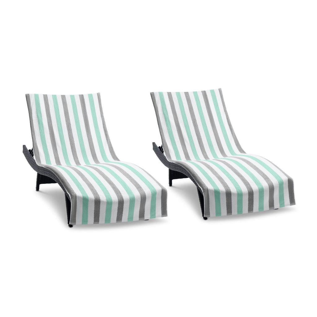 Arkwright Cabo Chaise Lounge Cover - Pack Of 2 - Striped Soft Cotton Cabana Towel With Pocket Holder For Beach Pool Outdoor Chair, 30 X 85 In., Grey/Mint