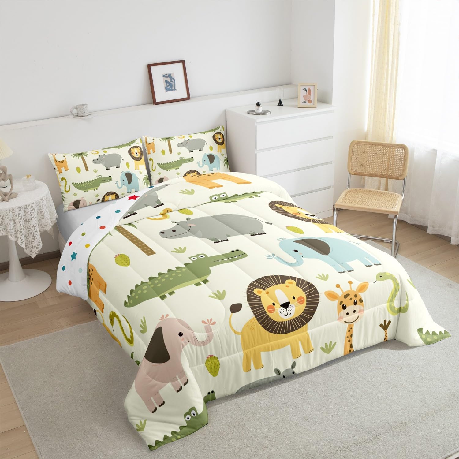 Nursery Cute Wild Animals Bedding Set For Girls Boys Child Kids Cartoon Lion Giraffe Crocodile Comforter Decor Nature Wildlife Comforter Set Zoo Animal Theme Duvet Set Full Size Quilt Set