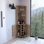 Bosnia Corner Bar Cabinet With 2 Open Shelves, 5 Wine Cubbies, 2 Cabinets, 4 Inner Shelves, And Glass Rack, Macadamia