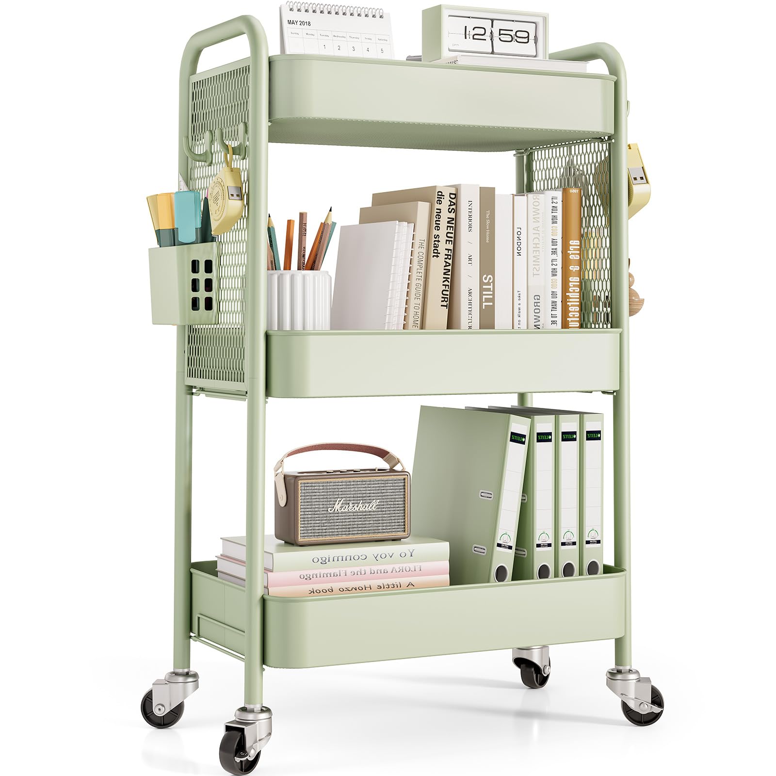 TOOLF Metal Utility Carts, 3 Tier Rolling Carts with Wheels, Storage Organizer with Pegboard Hooks Bins for Bathroom Kitchen Lau