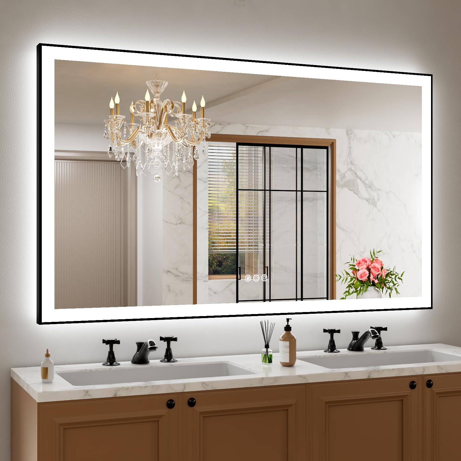 Amorho 60x 36 LED Bathroom Mirror with Black Frame, Front Light and Backlit(Controlled Separately), Stepless Dimmable, Anti-Fog,